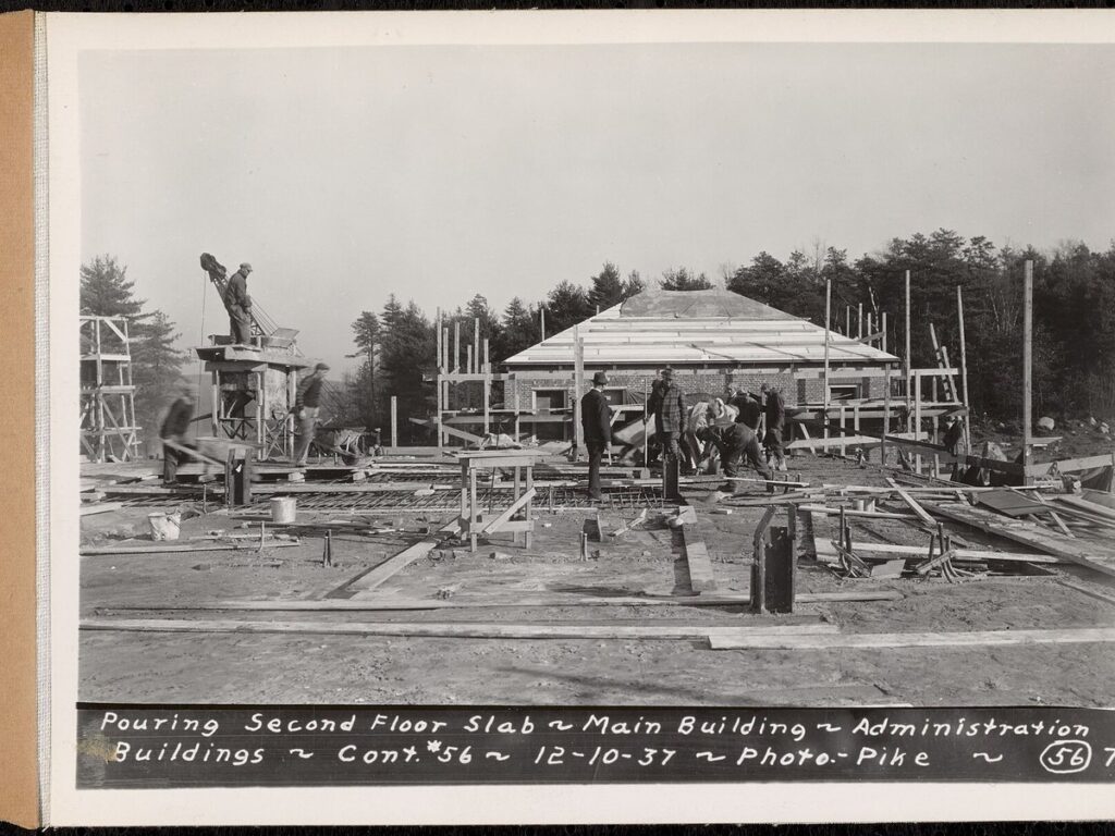 Contract No. 56, Administration Buildings, Main Dam, Belchertown, pouring second floor slab, main building, Be